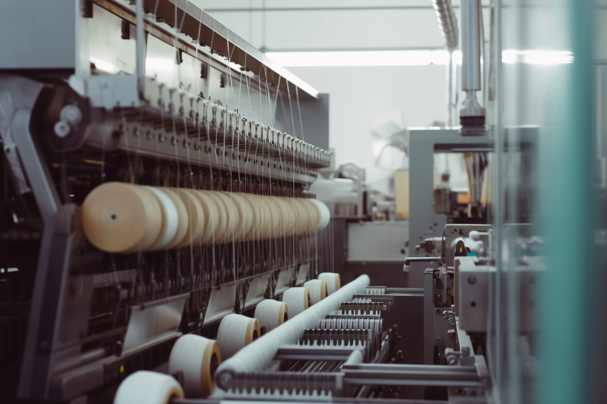 Textile mill scene with yarn and spinning machinery